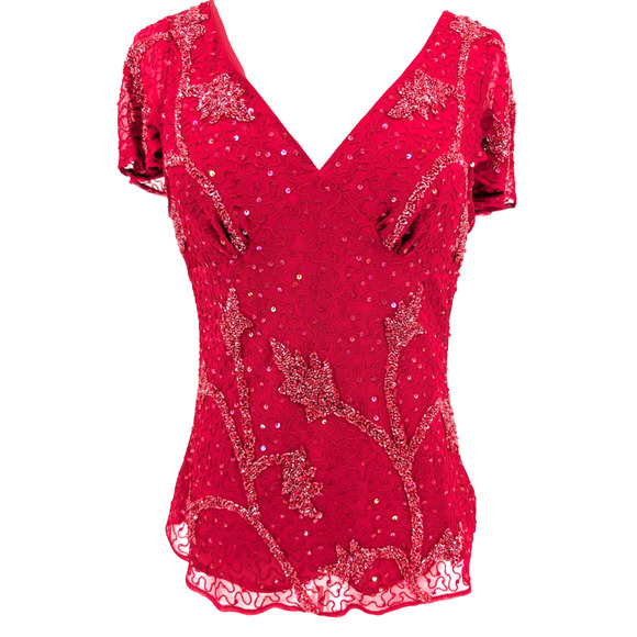 Vintage Red Adrianna Papell Sequin Beaded Babdyoll Sheer Ruffle Sleeve Top Large - Picture 1 of 12